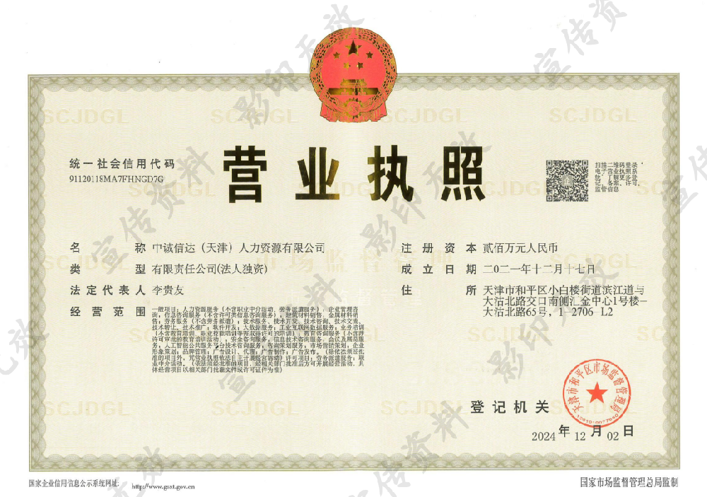 中誠(chéng)信達(dá)(天津)人力資源有限公司證書(shū)